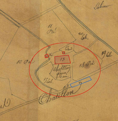 Plan de masse et de situation d'après le plan cadastral de 1823, section G1. Echelle d'origine 1/2500e.