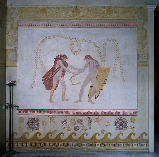 ensemble de 2 peintures monumentales : Dispute de la lyre entre Hermès et Apollon, Sacrifice du taureau à Dionysos