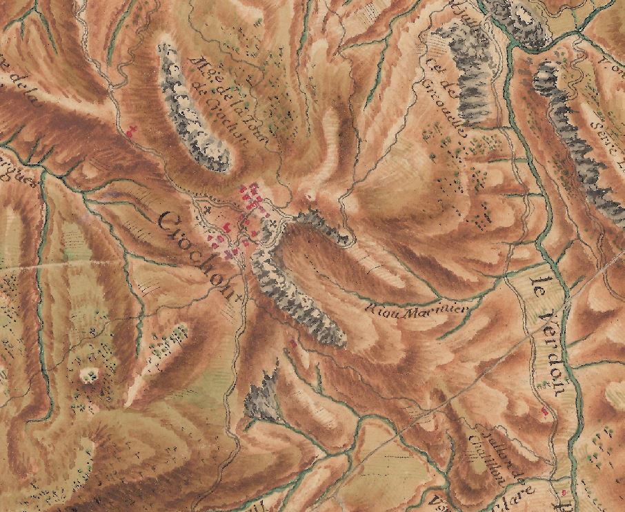 Carte des frontières Est de la France : de Colmars à Marseille [Détail de la feuille 195-23 : village "Crochon", soit Courchons].