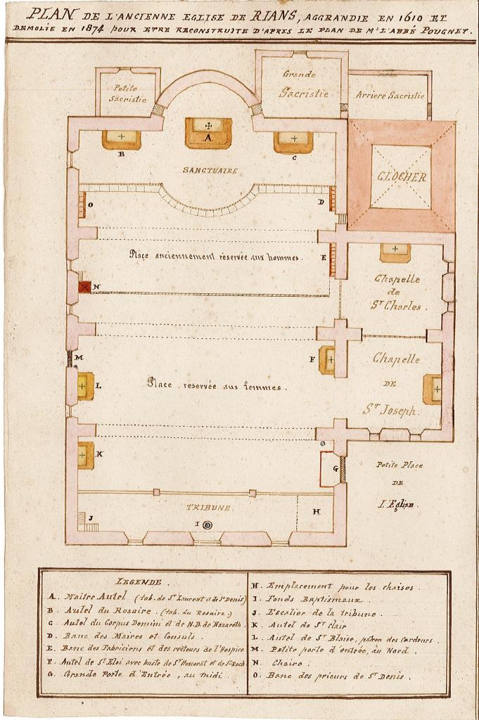 Plan de l'ancienne église de Rians, agrandie en 1610 et démolie en 1874... Plan de N.D. de l'Annonciade de Rians, fondée en 1672... [Plans de l'église paroissiale Notre-Dame-de-Nazareth avant sa reconstruction en 1884 et de la chapelle disparue de Notre-Dame-de-l'Annonciade, Rians], 1881.