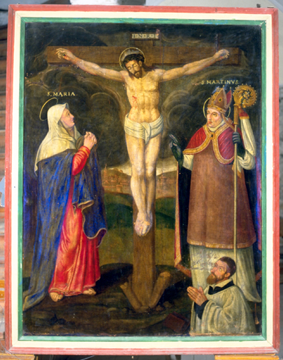 tableau : Christ en croix, Vierge, Saint Martin de Tours, Donateur