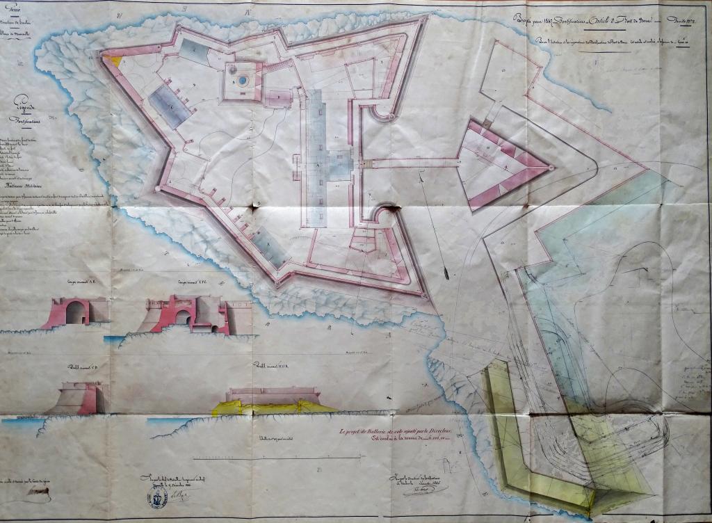 Projet pour 1847. Fort de Bouc. [Plan du projet de batterie du fort de Bouc, options à l'intérieur ou a l'extérieur du fort],1846.