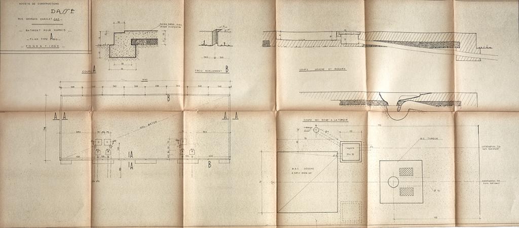 Bâtiments pour harkis, plan de type Abis, fondations, 1963. Société de constructions Dassé.