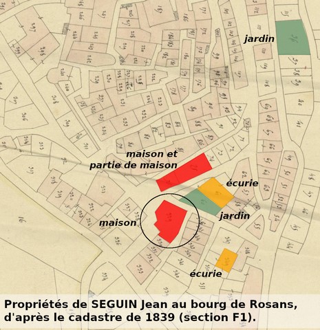 Propriétés de Jean Seguin en 1839, reportées sur le cadastre de 1839 (section F1). Echelle d'origine 1/1 000e.