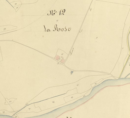 Plan de situation d'après le plan cadastral de 1839, section E12. Echelle d'origine 1/2000e.