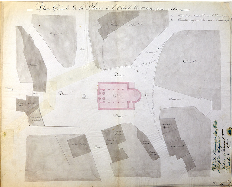 Plan général de la place de l'église de Rosans à l'échelle 1/250 (1849).