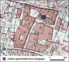 Plan de masse et de situation de la juiverie d'après le cadastre de Pernes-les-Fontaines, 1814 (section S). Echelle d'origine 1/1250.