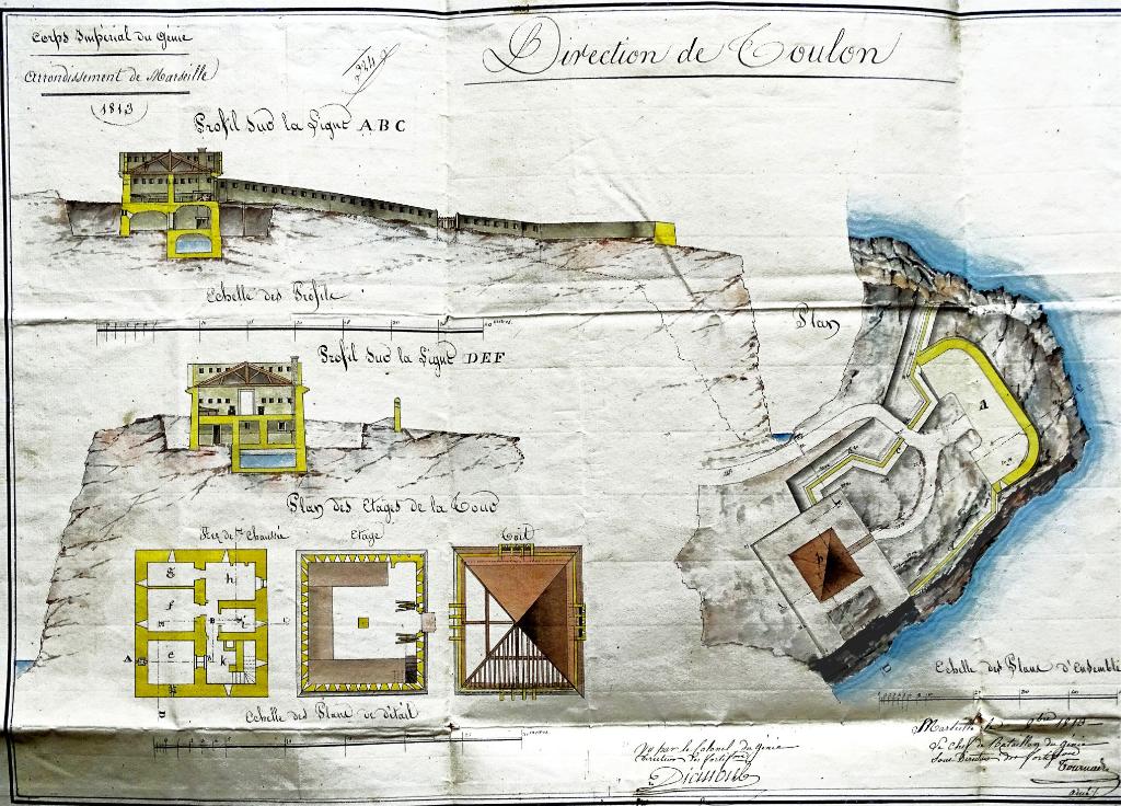 [Plans et profils du projet de rétablissement de la batterie de Cacao],1813.