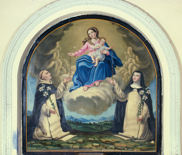 tableau : La Vierge et l'Enfant remettant le rosaire à saint Dominique de Guzman et à sainte Catherine de Sienne
