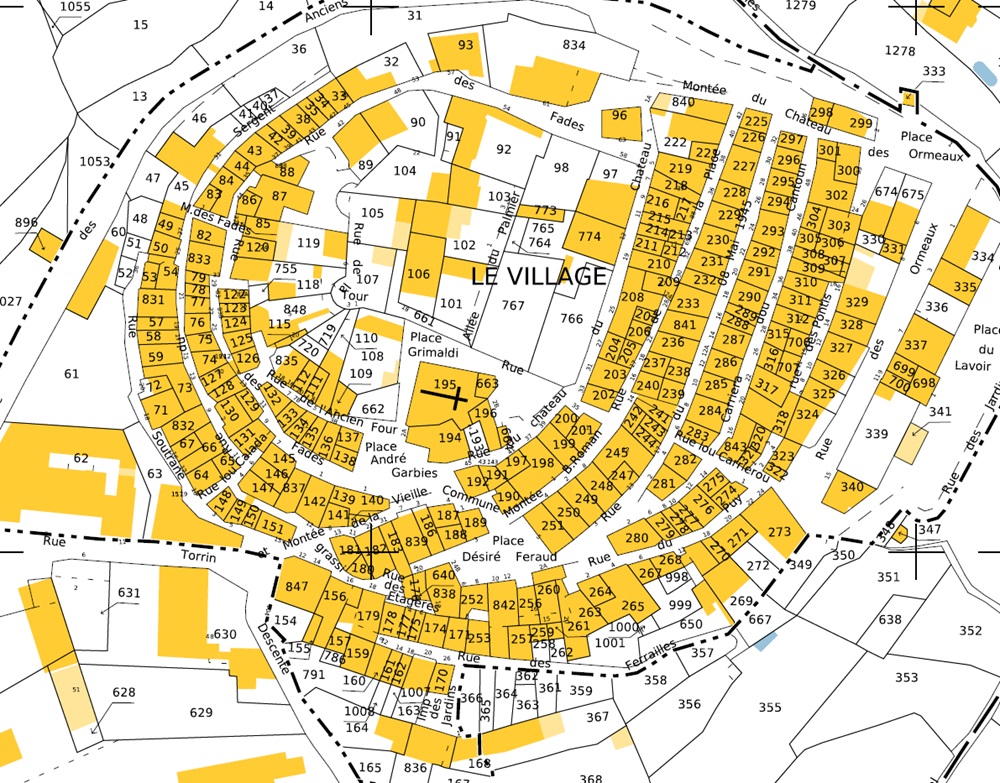 Plan de situation du village de Gattières d'après le cadastre de 2025 (section B).