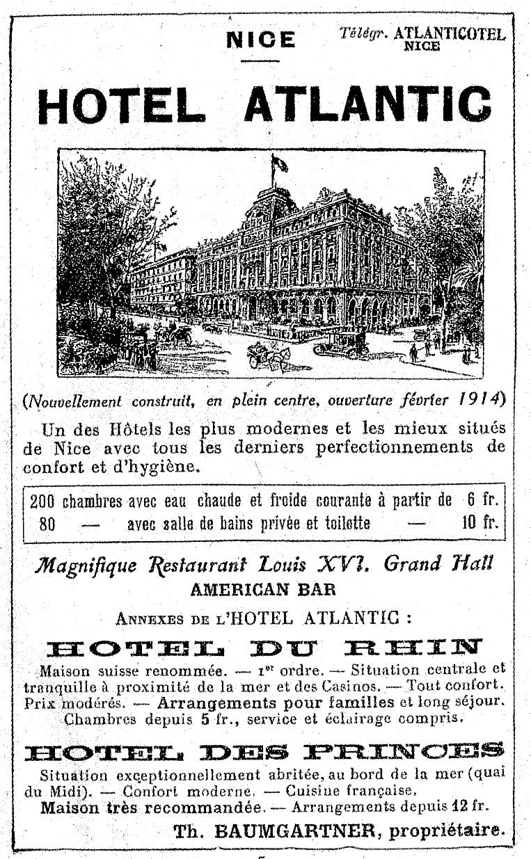 Hôtel de voyageurs dit Hôtel du Rhin, puis Hôtel Atlantic, actuellement Hôtel Boscolo Exedra