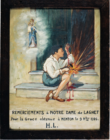 ex-voto, tableau : Enfant se blessant la main avec un marteau