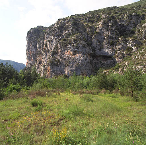 Ouvrage d'infanterie n° 92 dit du Rocher des Nids : vue latérale avec passage excavé dans le rocher desservant deux blocs actifs encastrés.