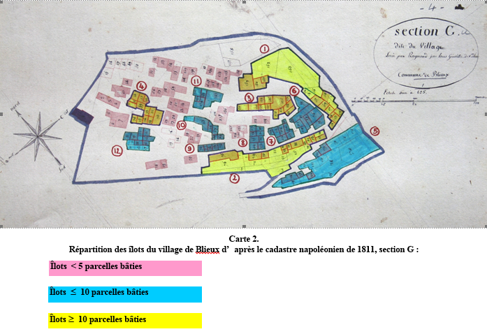 Carte 2. - Répartition des îlots du village de Blieux d’après le cadastre napoléonien de 1811 (section Gu).