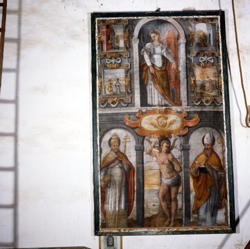 tableau : Sainte Barbe, saint Sébastien, saint pape, évêque