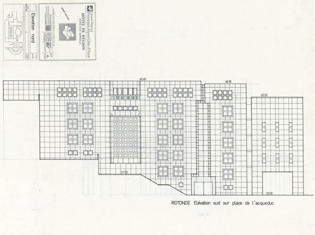 Rotonde. Elévation sud sur place de l'Aqueduc, 29 janvier 1988.