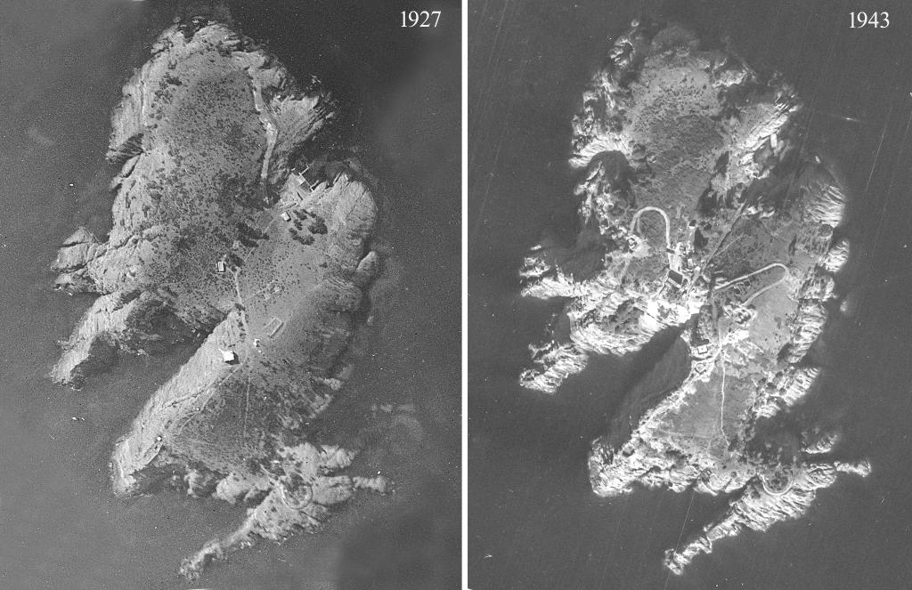 Montage photographique de deux vues aériennes verticales de l'île Verte prises en 1927 et 1943.