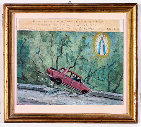 ex-voto, tableau : Voiture automobile rouge quittant la route, Cordiglia