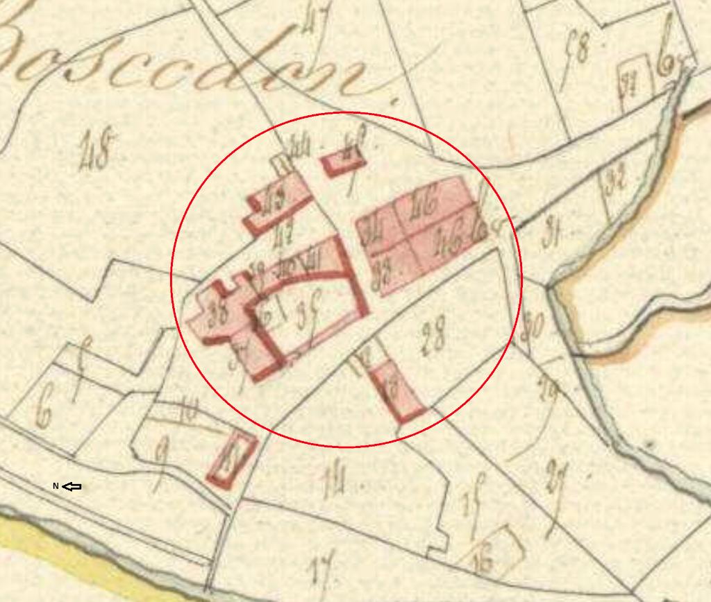 Plan de situation et de masse d'après le cadastre de 1812 (section E, parcelles 38, 39, 40, 41, 43, 49). Echelle d'origine 1/5000.