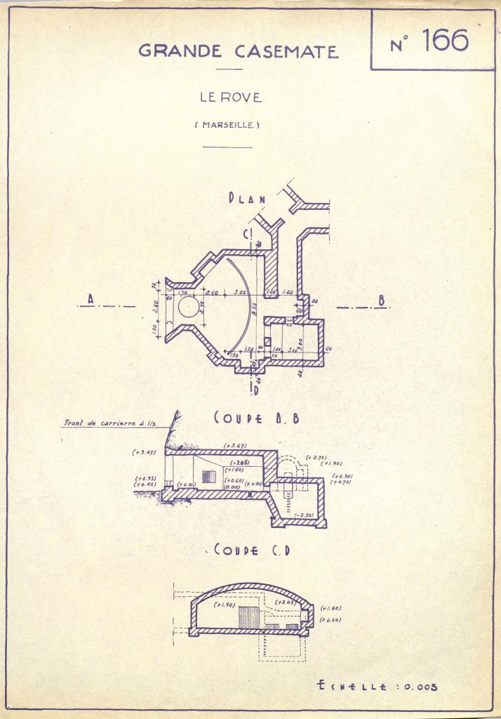 [Plan et coupes de la première casemate de la batterie du Rove], 1946.