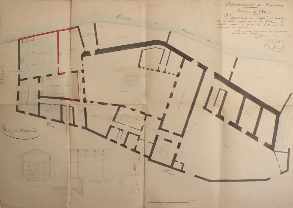 Projet d'une salle d'asile et d'une école pour les filles à établir dans une partie des bâtiments de l'hospice de charité de L'Isle-sur-la-Sorgue [plan complet des bâtiments], rez-de-chaussée, 1850. Echelle 1/100.