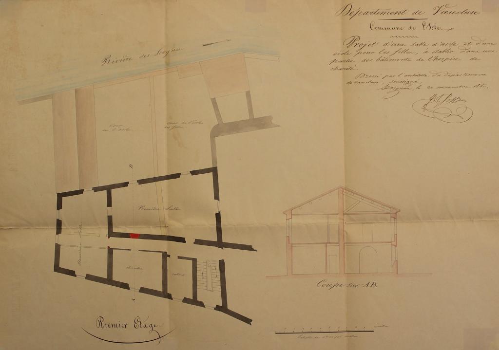 Projet d'une salle d'asile et d'une école pour les filles, à établir dans une partie des bâtiments de l'hospice de charité de L'Isle-sur-la-Sorgue, premier étage, 1850. Echelle 1/100.