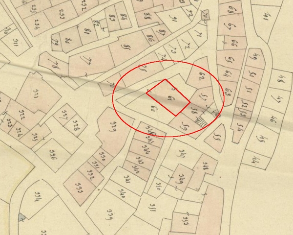 Plan de situation d'après le plan cadastral de 1839, section F1. Echelle d'origine 1/1000e.
