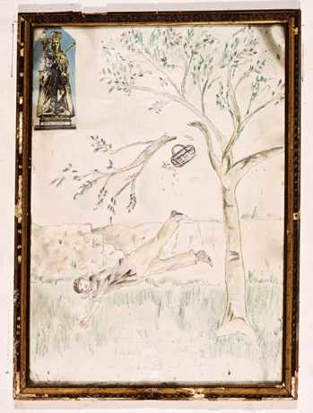 ex-voto, tableau : Chute d'un homme tombant d'un arbre (N° 1)