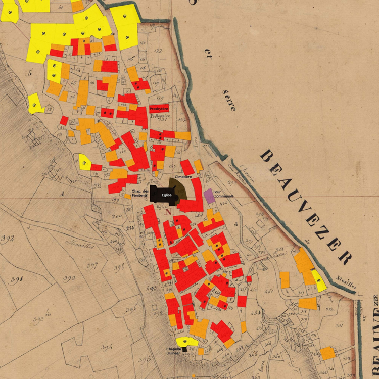 Extrait du plan cadastral de 1830. En jaune, les aires à battre, en orange, les entrepôts, en rouge, les maisons.