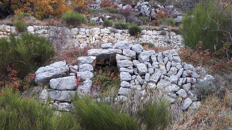 Cabane de Bérengier (2023 B 238) installée à proximité de murs de soutènement en pierres sèches.