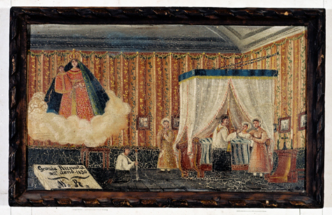 ex-voto, tableau : Demande de guérison d'une femme, M.R.