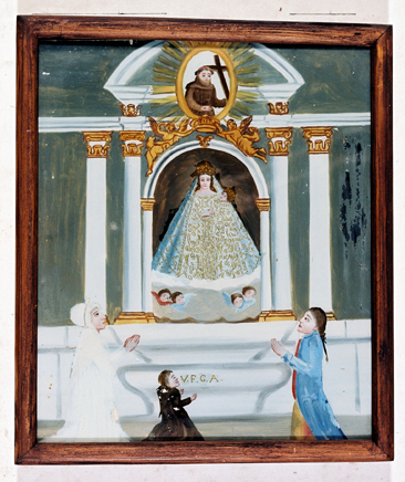 ex-voto, tableau : Prière d'une famille agenouillée au pied de l'autel de Notre-Dame de Laghet.