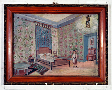 ex-voto, tableau : Demande de guérison d'une jeune fille, dans une chambre à tapisserie fleurie