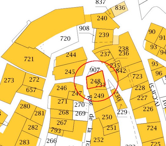 Plan de masse d'après le cadastre de 2021, section 000F. Echelle d'origine 1/500e.