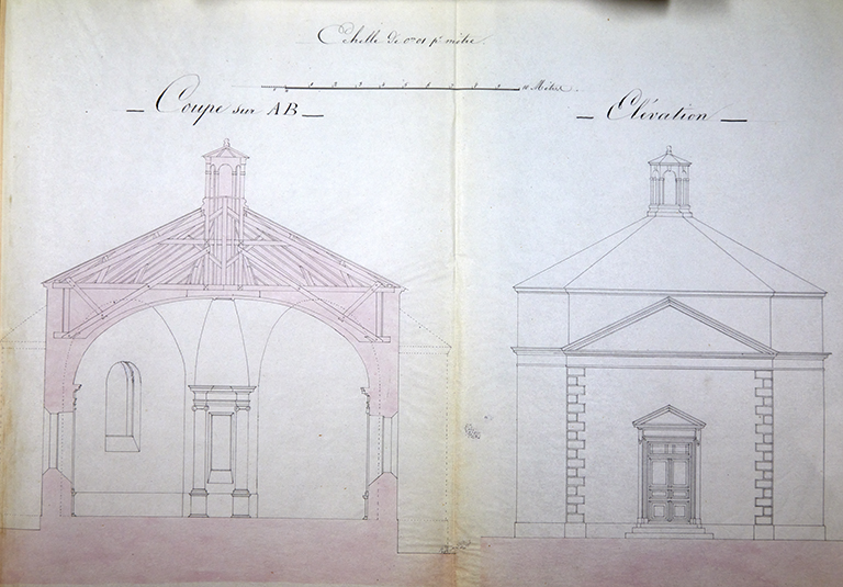 Coupe et élévation [du temple de Rosans] (1845).