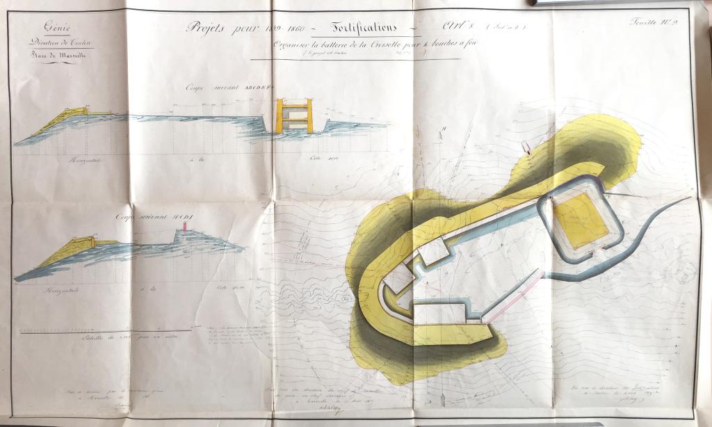 Projet pour 1859-1860. Organiser la batterie de la Croisette pour 4 bouches à feu. [Plan du projet d'organisation de la batterie du Cap Croisette].1859.