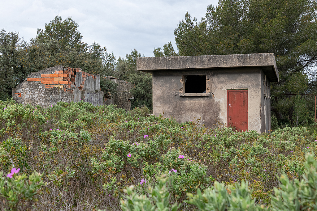 Bâtiment en béton de l'abri-usine du projecteur, au nord du chemin, et abri en pierre et brique