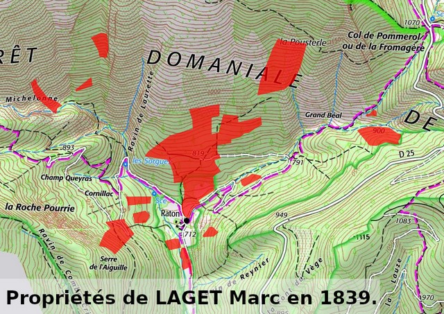 Propriétés de Marc Laget en 1839, reportées sur la carte IGN de 2021. Echelle d'origine 1/25 000e.