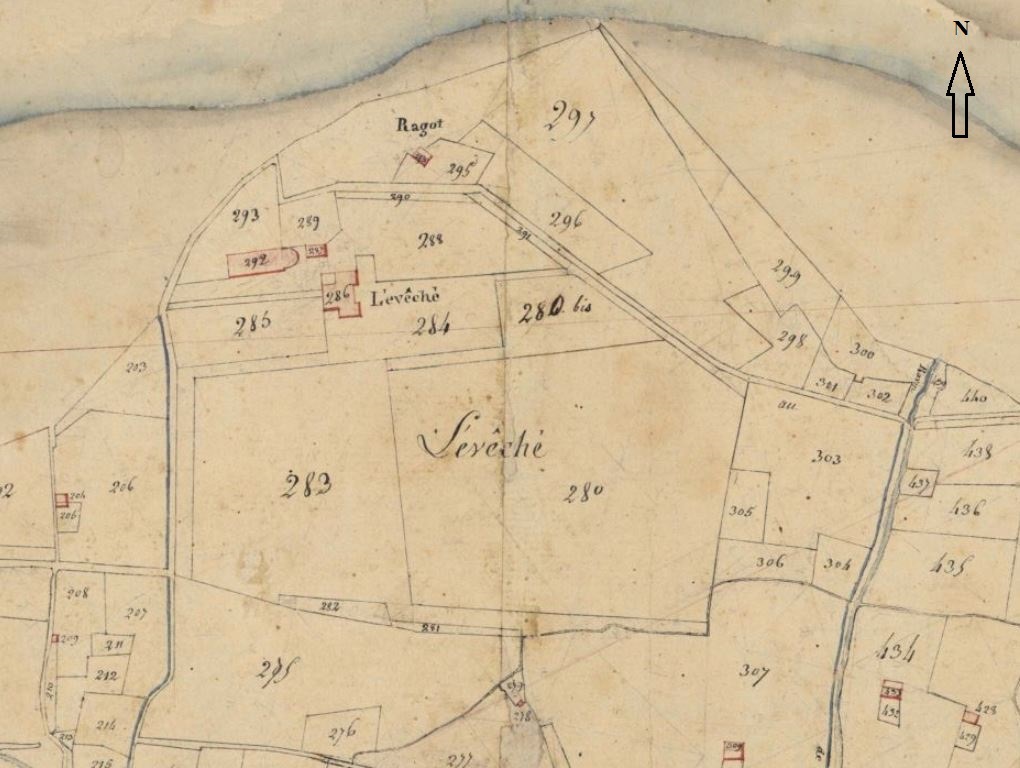 Plan de masse et de situation d'après le cadastre napoléonien de 1916, Les Seds, section C, parcelles 286, 287, 292.