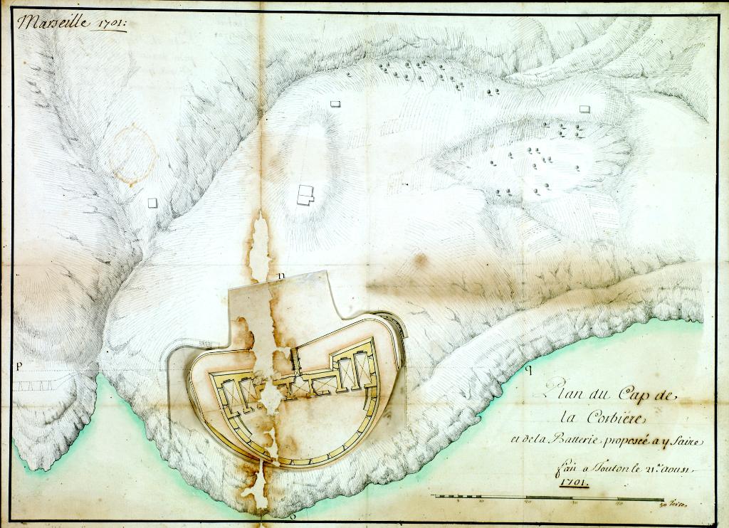 Plan du cap de la Corbière et de la batterie proposée à y faire [projet de Niquet et Vauban], 1701.