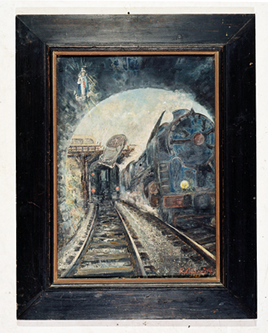 ex-voto, tableau : Voiture automobile tombant sur la voie ferrée