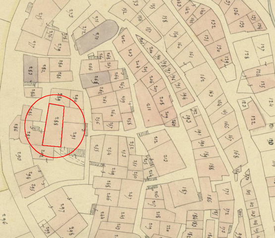 Plan de masse et de situation d'après le plan cadastral de 1839, section F1. Echelle d'origine 1/1000e.