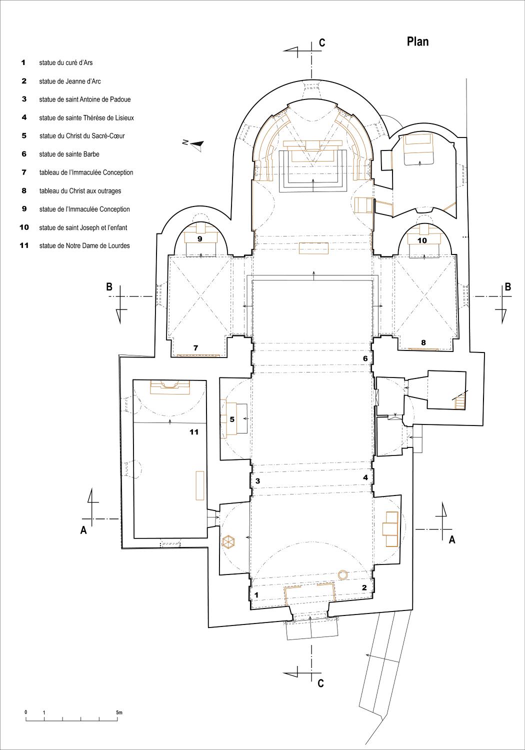 Plan de l'église et disposition intérieure.