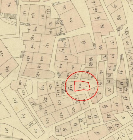 Plan de masse d'après le plan cadastral de 1839, section F1. Echelle d'origine 1/1000e.