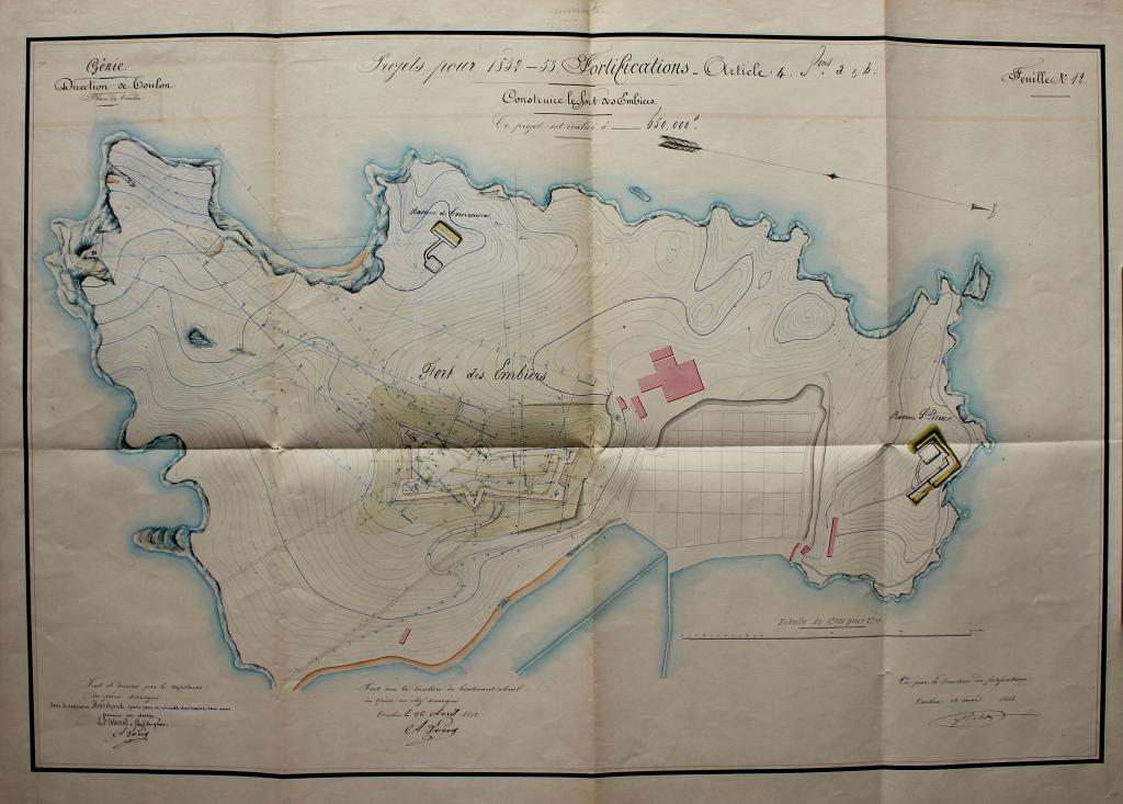 Projets pour 1862-1863. Fortifications. Construire le fort des Embiez. [Plan de l'île des Embiez, avec projet de fort de hauteur] 1862.