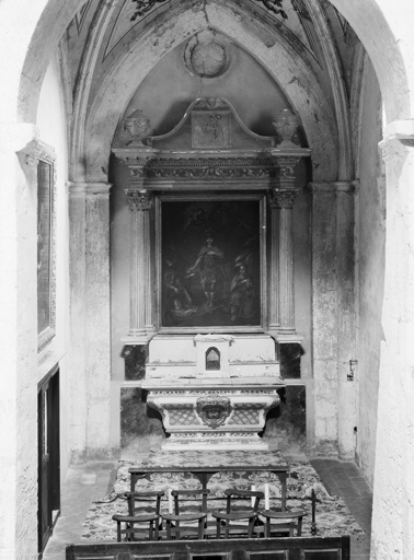 ensemble de l'autel secondaire de Saint Pancrace : autel, gradin d'autel, tabernacle, retable architecturé, tableau d'autel