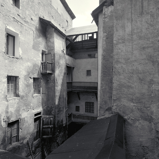 Coursières reliant la cage d'escalier au corps de bâtiment situé à l'est. Vue prise du nord.