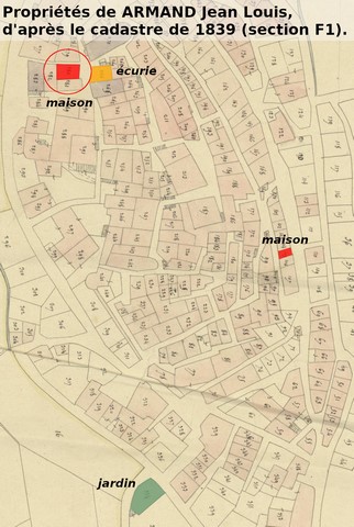Propriétés de Jean-Louis Armand en 1839, reportées sur le cadastre de 1839 (section F1). Echelle d'origine 1/1 000e.