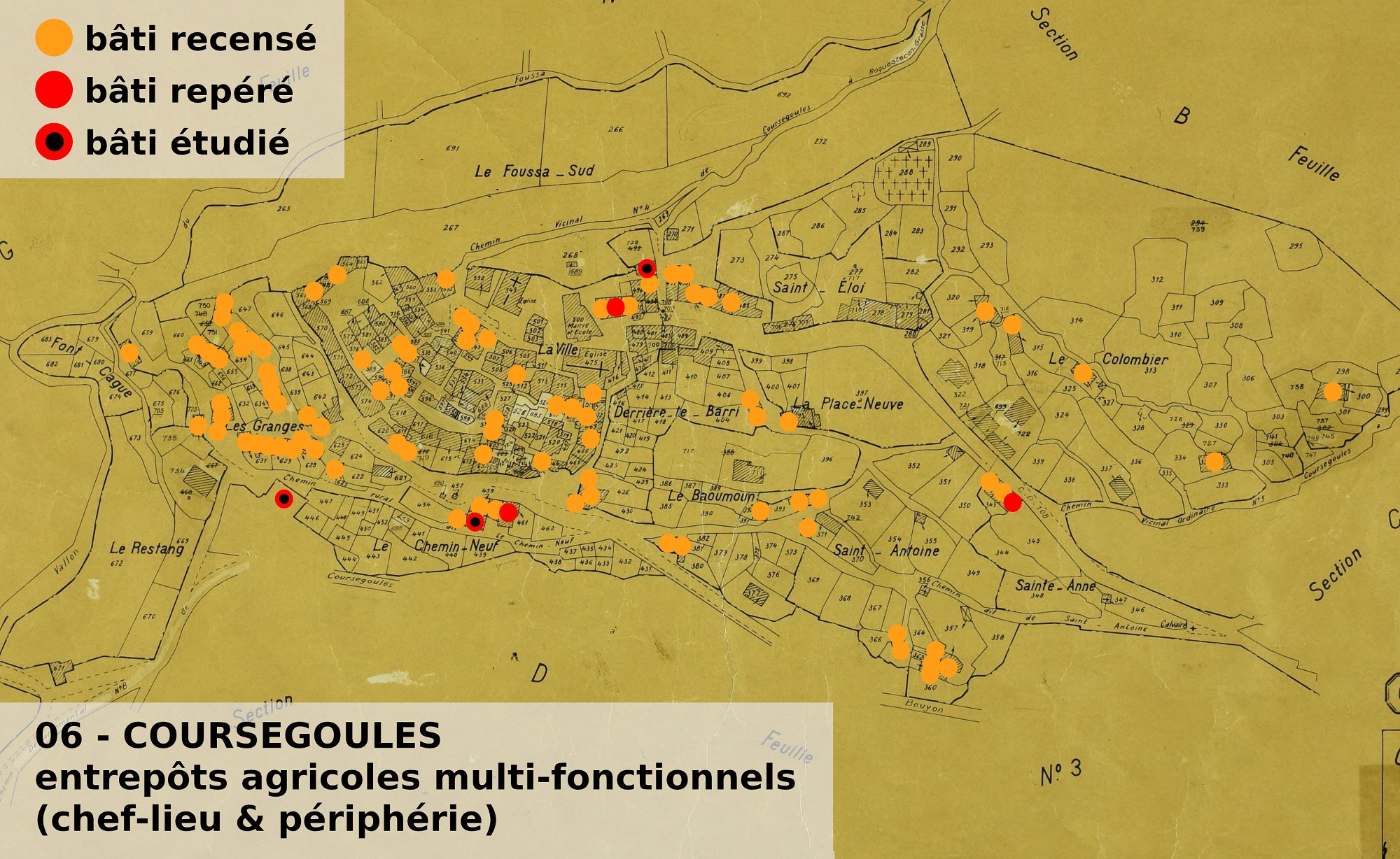 Localisation des entrepôts agricoles multifonctionnels recensés, repérés et étudiés au chef-lieu et en périphérie.