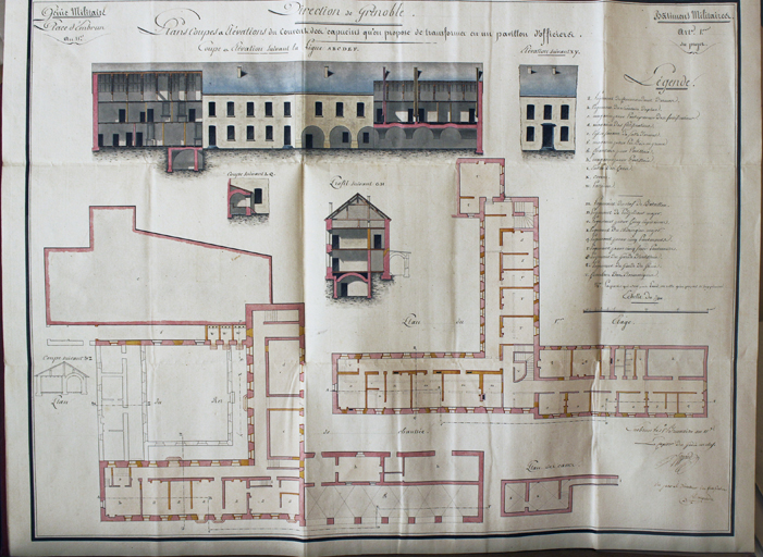 Génie militaire. Place d'Embrun. An 11. Plan, coupes et élévations de couvent des capucins qu'on propose de transformer en un pavillon d'officiers. An 11 [1802].